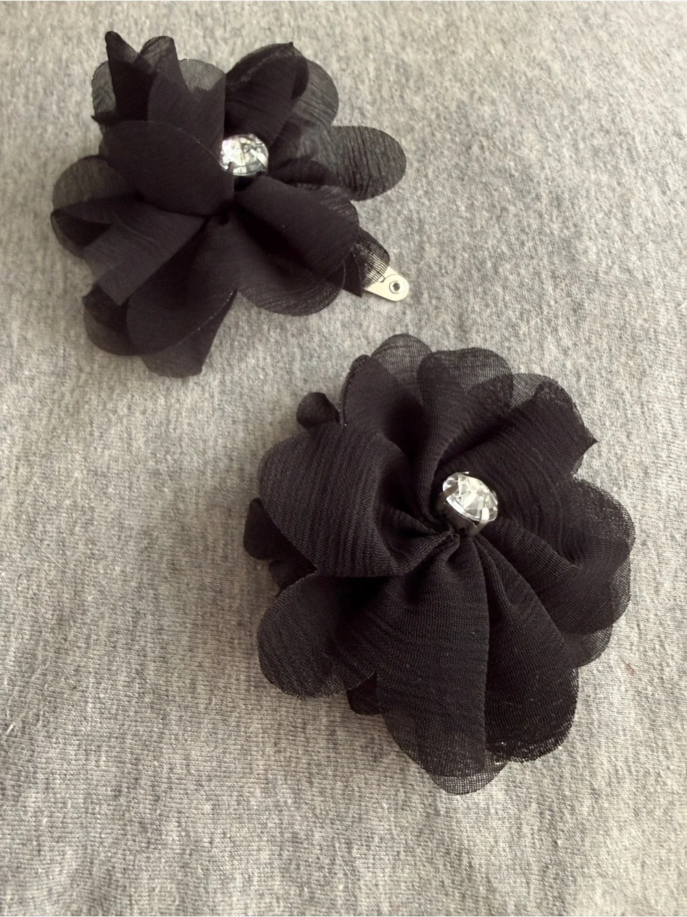 Set of 2 Black Floral Fabric Hair Clips with Rhinestone Accent